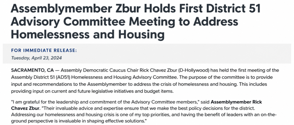 Assemblymember Zbur Convenes District 51 Advisory Committee on Homelessness and Housing