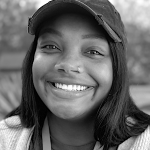 Portrait of Alexis Hunter, Project Manager at St. Joseph Center (black and white)