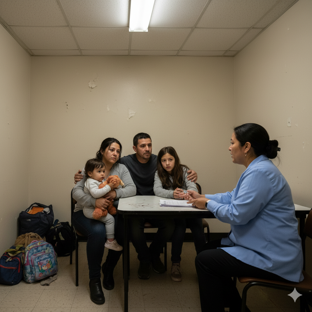 Una mujer se reúne con una familia en el Centro San José para prestarles servicios de apoyo.