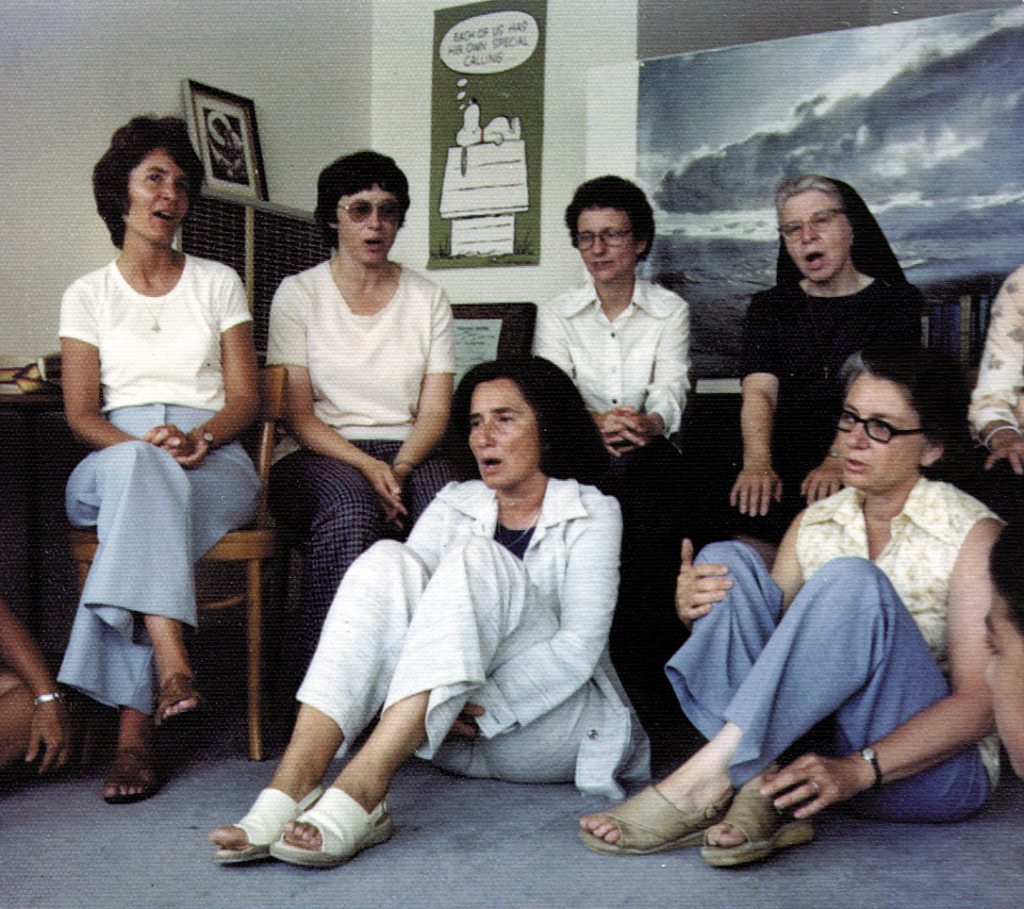 Sisters of St. Joseph of Carondelet sing alongside St. Joseph Center co-founders Sister Louise Bernstein and Sister Marilyn Therese Rudy during a 1976 liturgy.