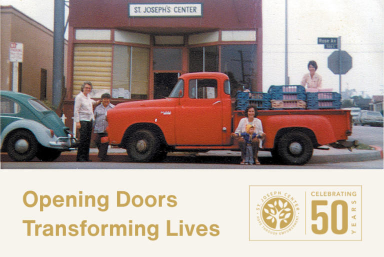 Historic St. Joseph Center truck and volunteers, promoting the 50th Anniversary Fund and celebrating 50 years of service.