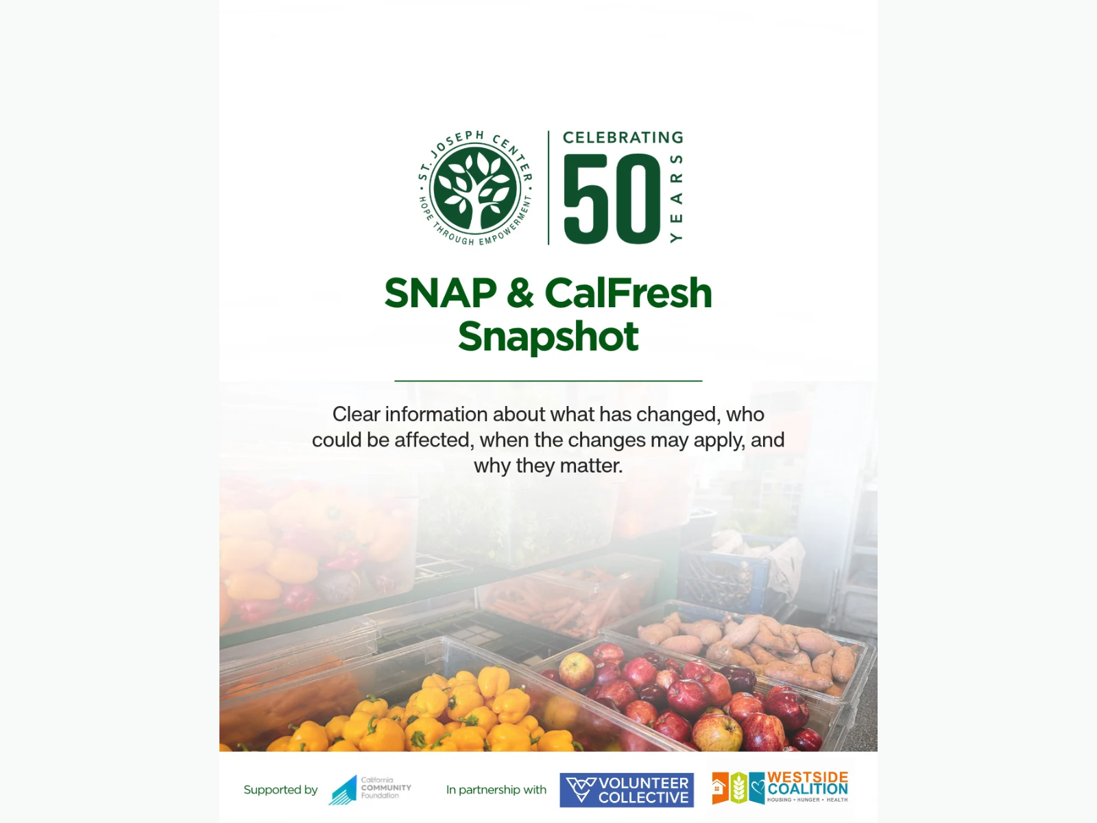 Cover of St. Joseph Center’s SNAP & CalFresh Snapshot, a guide to changes in food assistance