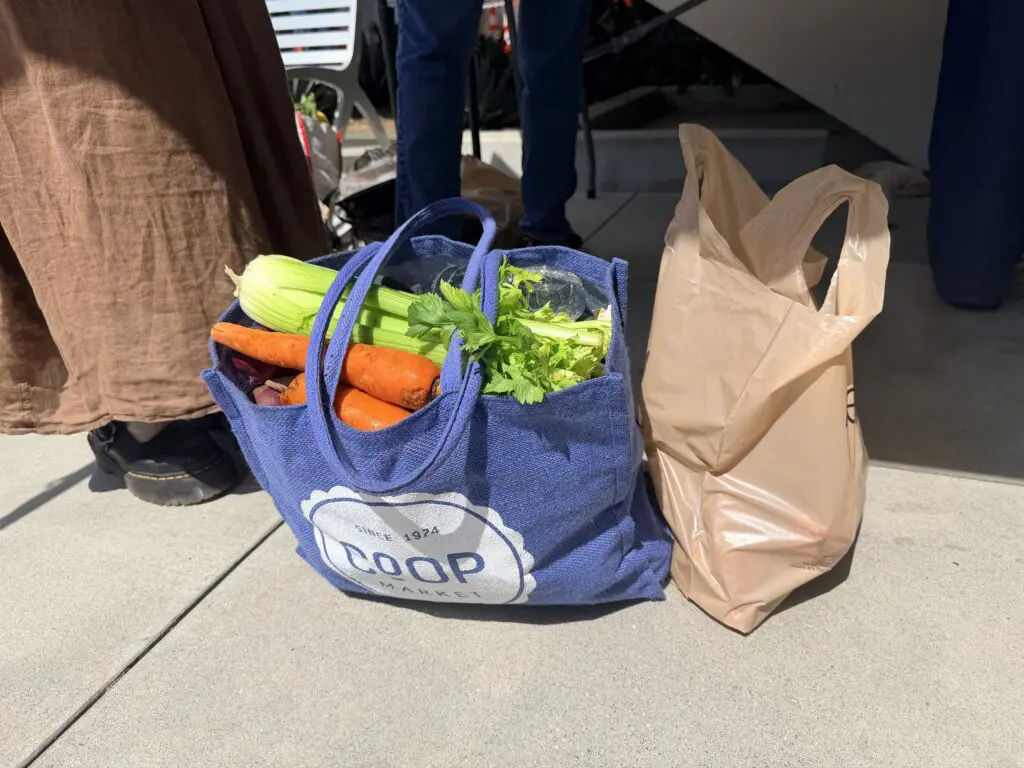 Bag filled with fresh vegetables from St. Joseph Center’s Bread & Roses Food Pantry.