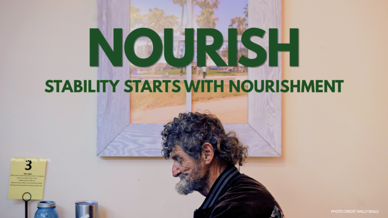 NOURISH campaign graphic featuring a Bread & Roses Café client with the message “Stability Starts with Nourishment.”