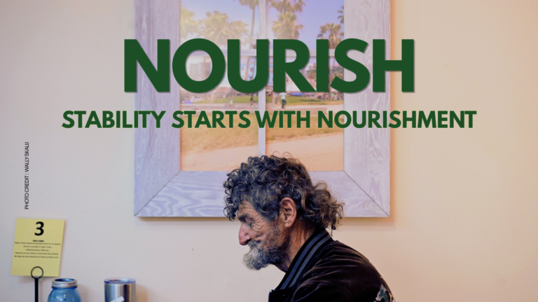 NOURISH campaign graphic featuring a Bread & Roses Café client with the message “Stability Starts with Nourishment.”