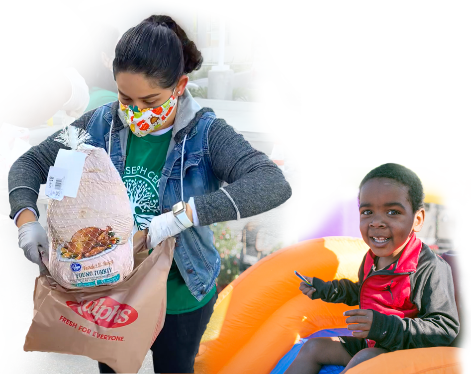 IMage of woman packing a turkey and a smiling boy