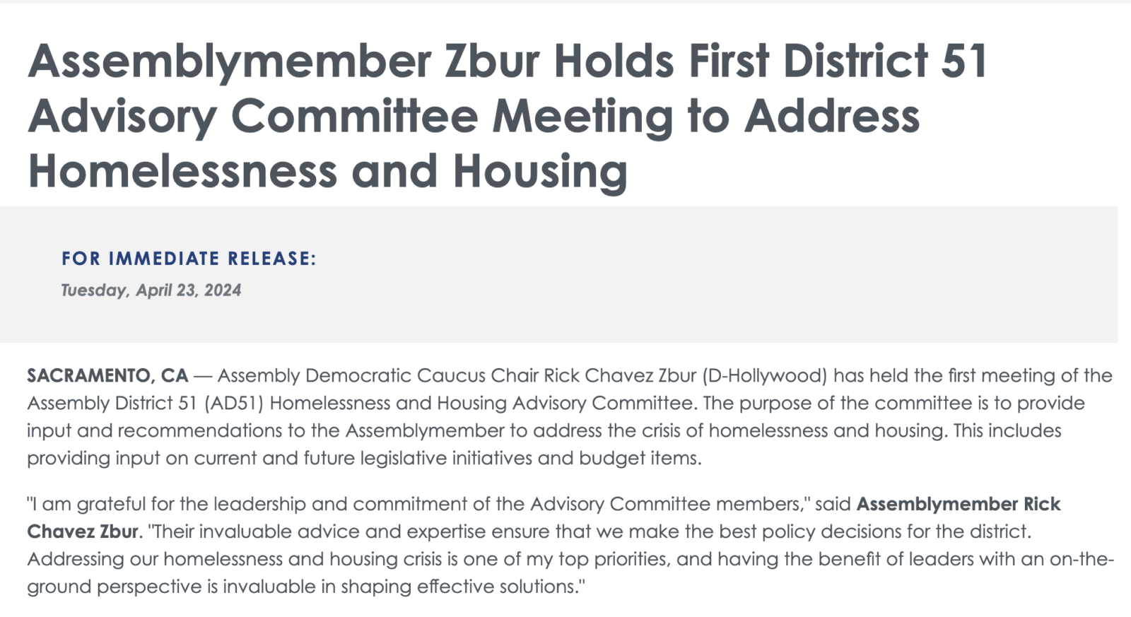 Assemblymember Zbur Holds First District 51 Advisory Committee Meeting to Address Homelessness and Housing