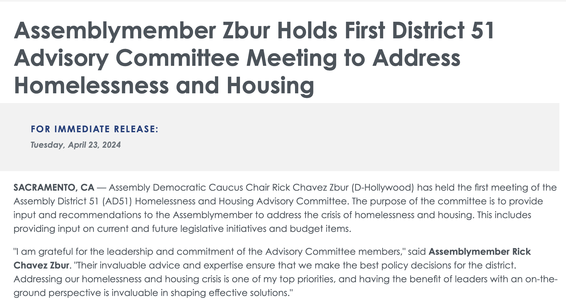 Assemblymember Zbur Holds First District 51 Advisory Committee Meeting to Address Homelessness and Housing
