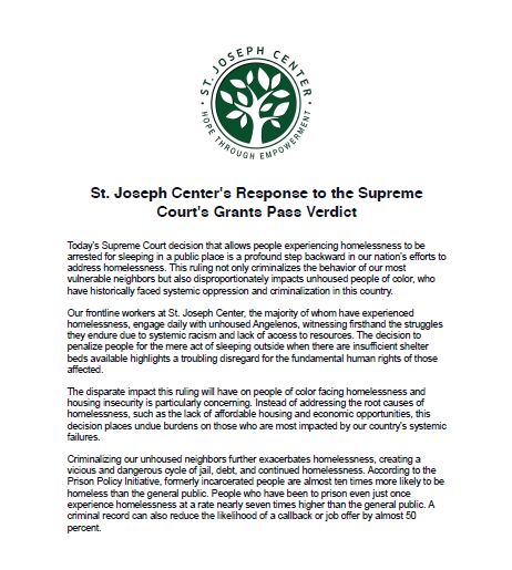 St. Joseph Center's Response to the Supreme Court's Grants Pass Verdict