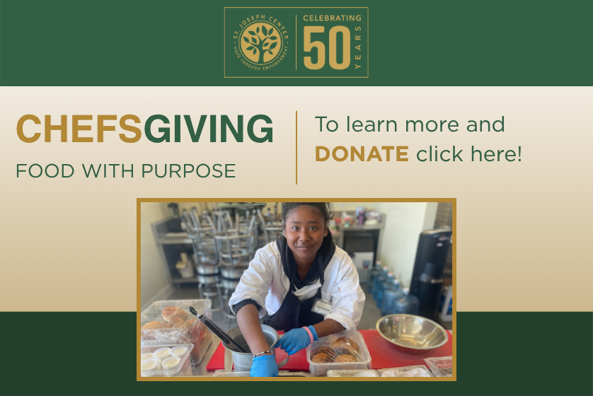 Bread & Roses culinary graduate preparing a meal for Chefsgiving at St. Joseph Center.