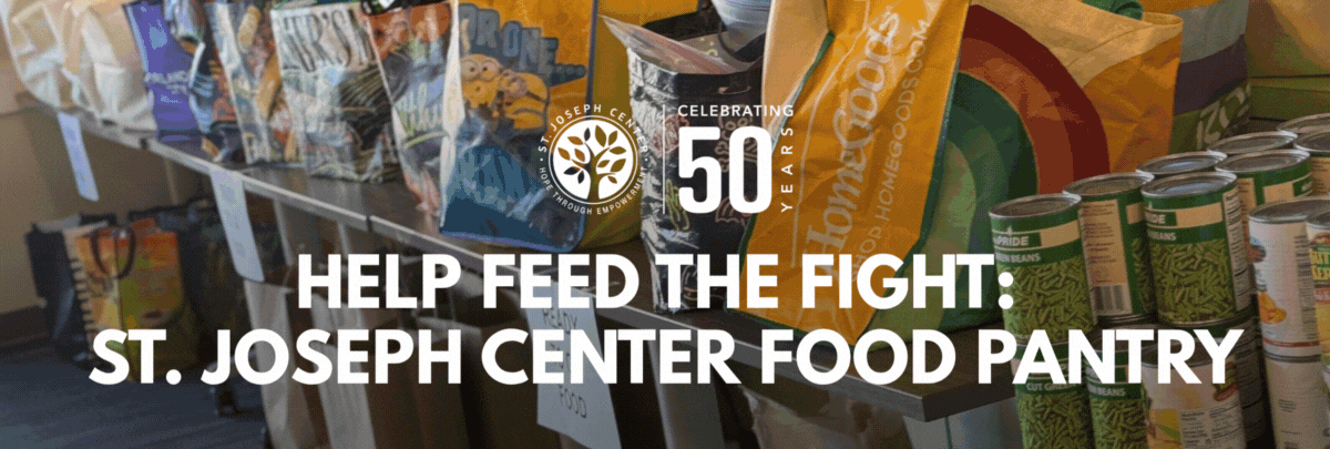 Animated header reading 'Help Feed the Fight: St. Joseph Center Food Pantry' with grocery bags and canned goods in the background.