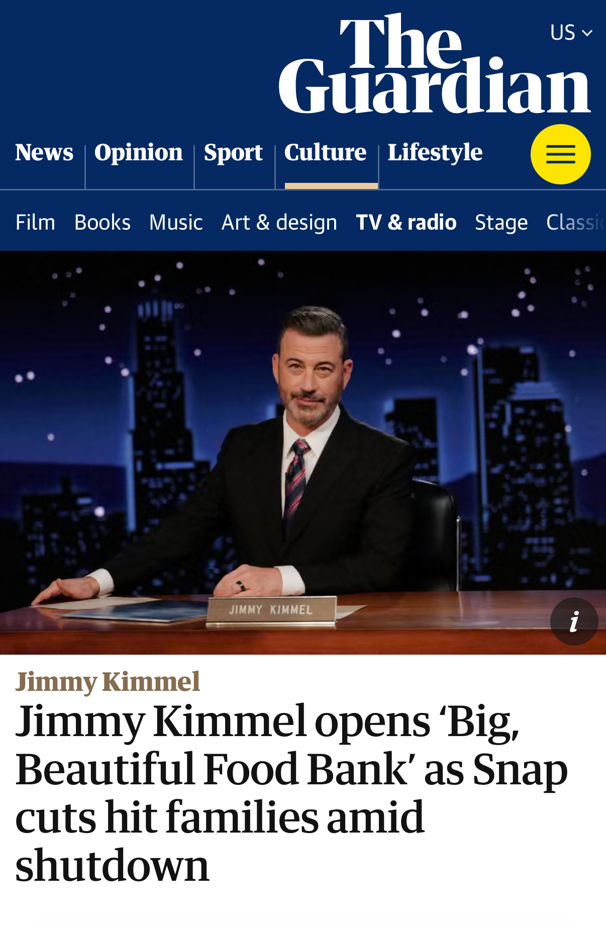 Jimmy Kimmel opens ‘Big, Beautiful Food Bank’ as Snap cuts hit families amid shutdown