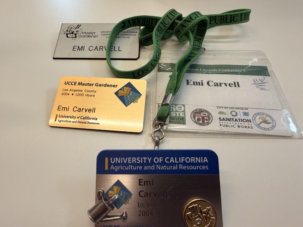 University of California Master Gardener credentials, volunteer badges, and identification belonging to Emi Carvell.